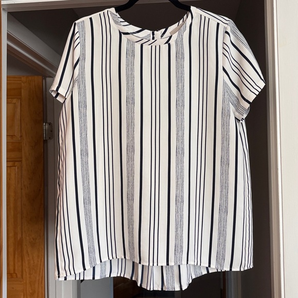 LOFT Navy and White Striped Blouse - Picture 1 of 4
